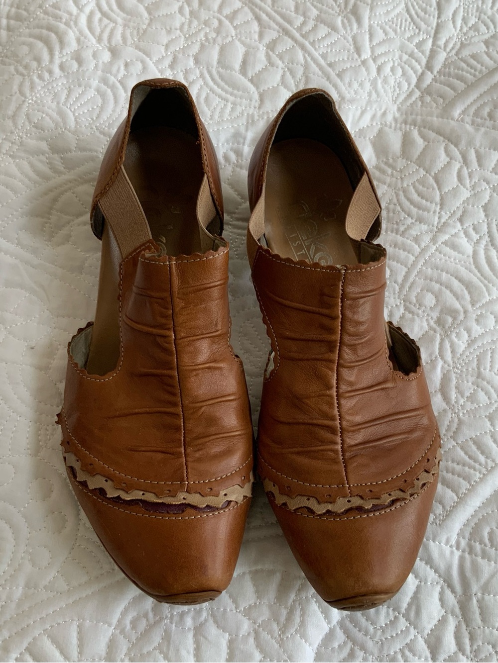Rieker Brown Leather Slip-On Flats with Scalloped Trim